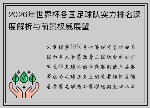 2026年世界杯各国足球队实力排名深度解析与前景权威展望
