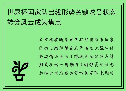 世界杯国家队出线形势关键球员状态转会风云成为焦点