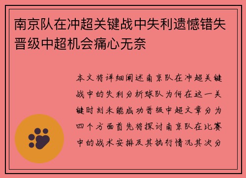 南京队在冲超关键战中失利遗憾错失晋级中超机会痛心无奈
